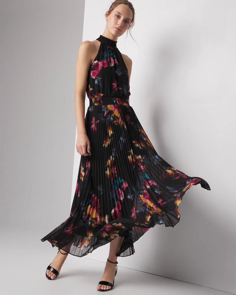Sleeveless Pleated Halter Midi Dress | White House Black Market